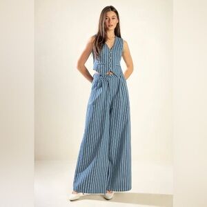 Blue Striped Woven Vest & Wide Leg Pants/ Chic Matching Set